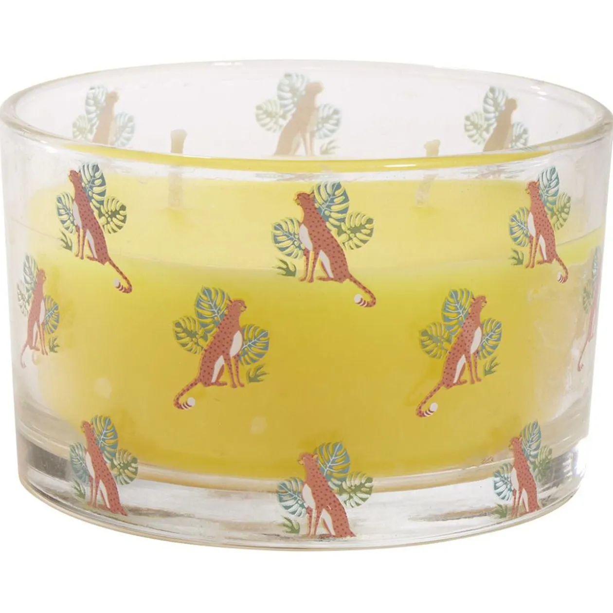 Bougie citronnelle pot en verre motif tropical 30H - Ø13xH8cm