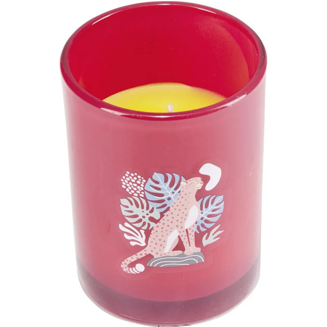 Bougie citronnelle pot en verre coloré motif tropical 28H - Ø13xH8cm