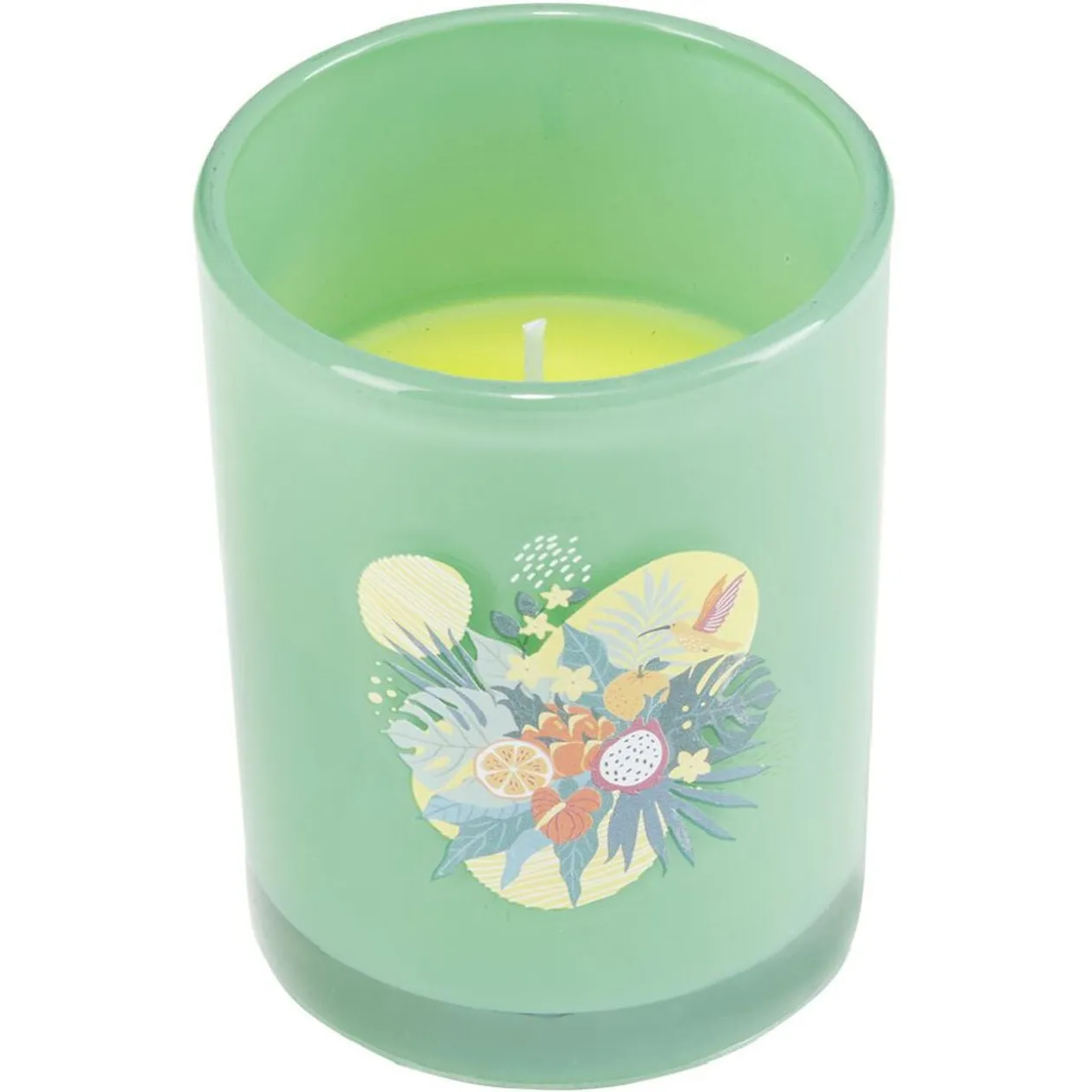 Bougie citronnelle pot en verre coloré motif tropical 28H - Ø13xH8cm