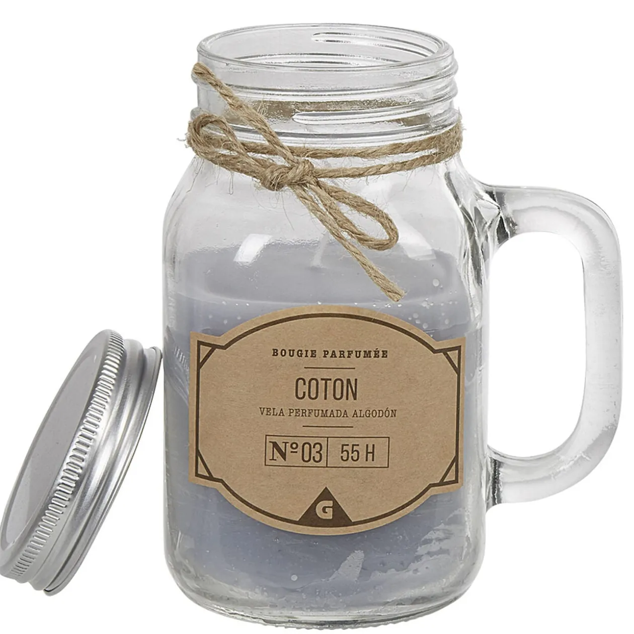 Bougie dans mug en verre avec couvercle senteur coton