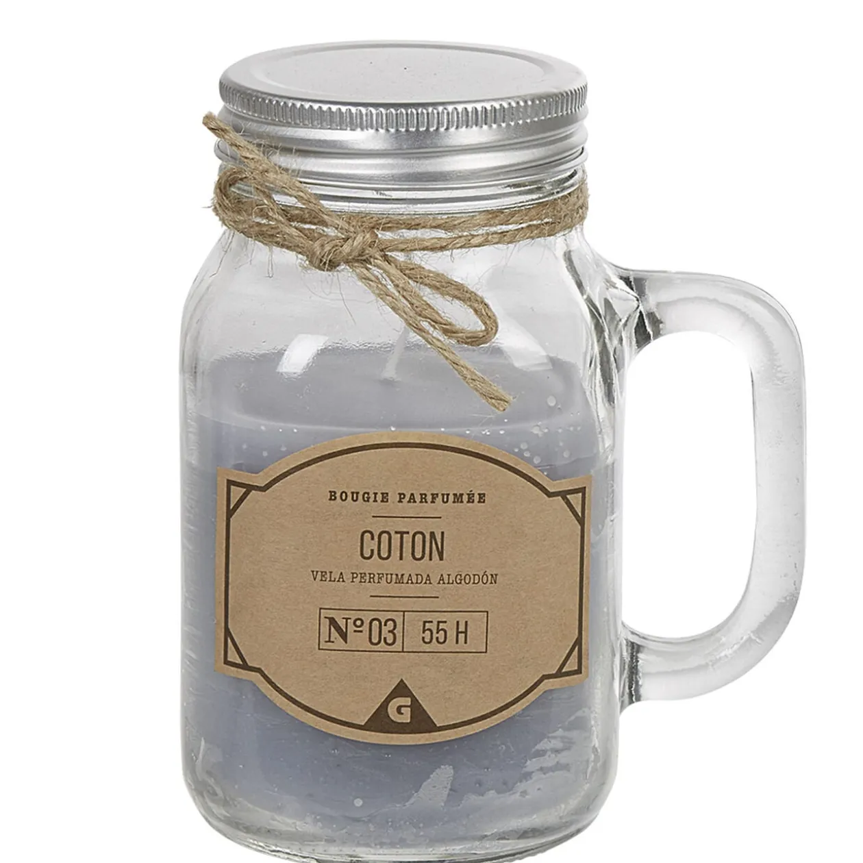 Bougie dans mug en verre avec couvercle senteur coton