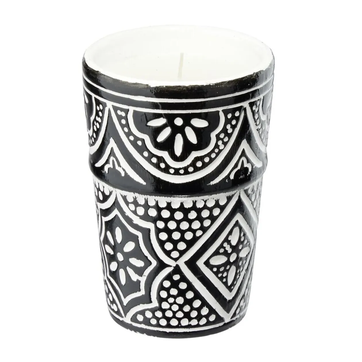 Bougie dans pot céramique 23H motif Beldi Ø7xH10cm (3 modèles)
