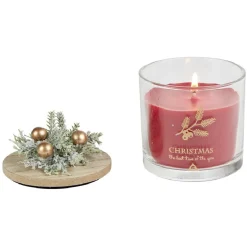 Bougie de Noël rouge pot en verre couvercle bois senteur grenade 25H - Ø8xH7,5cm