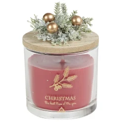 Bougie de Noël rouge pot en verre couvercle bois senteur grenade 25H - Ø8xH7,5cm