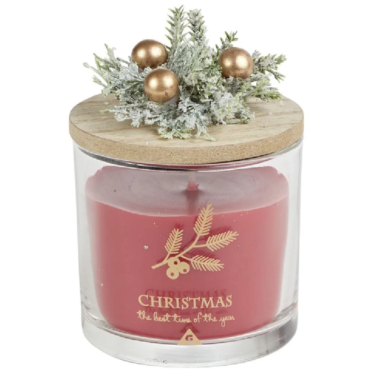 Bougie de Noël rouge pot en verre couvercle bois senteur grenade 25H - Ø8xH7,5cm