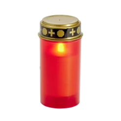 Bougie funéraire solaire plastique rouge et couvercle métal doré Ø7xH12cm