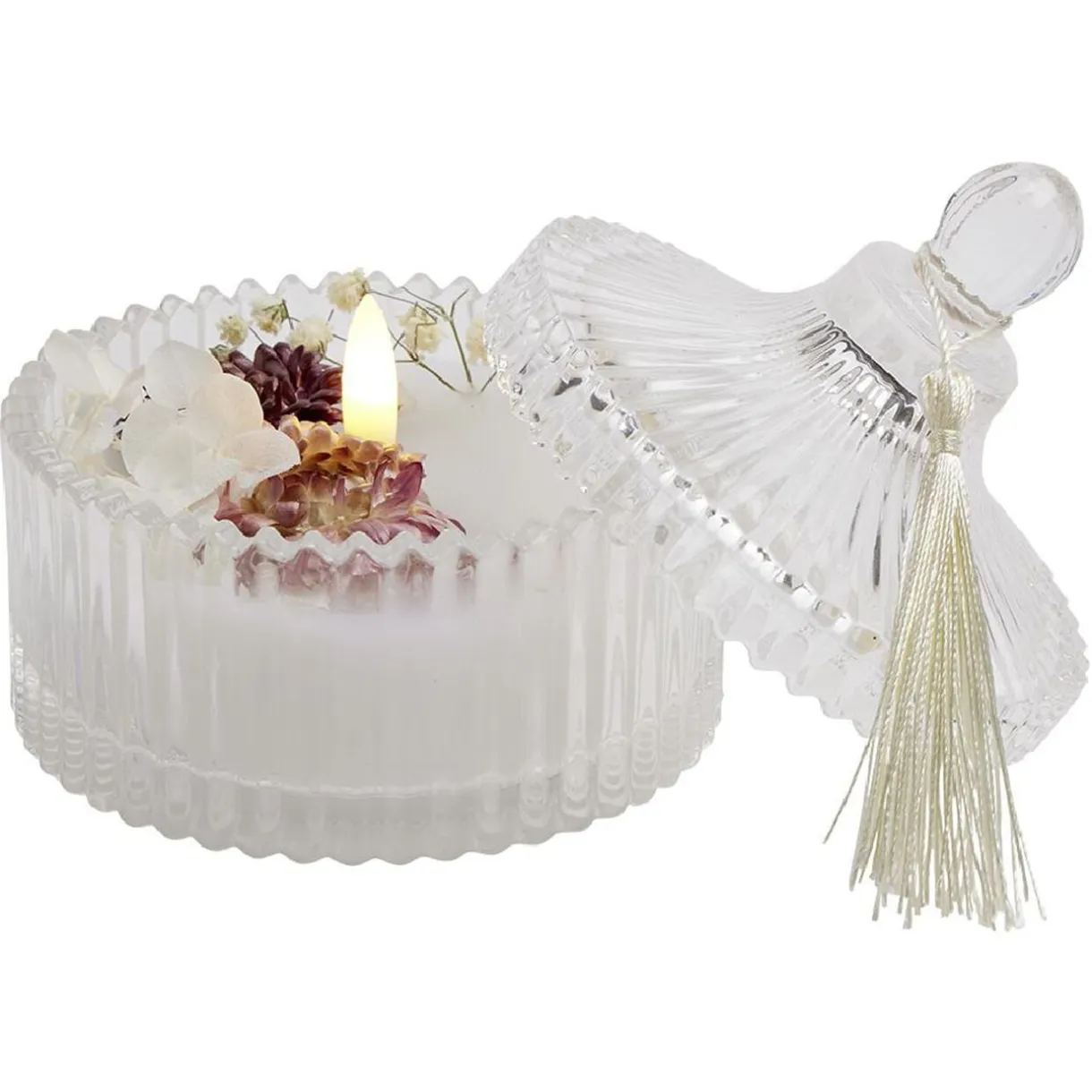Bougie à LED dans boîte déco fleurs séchées < Gifi