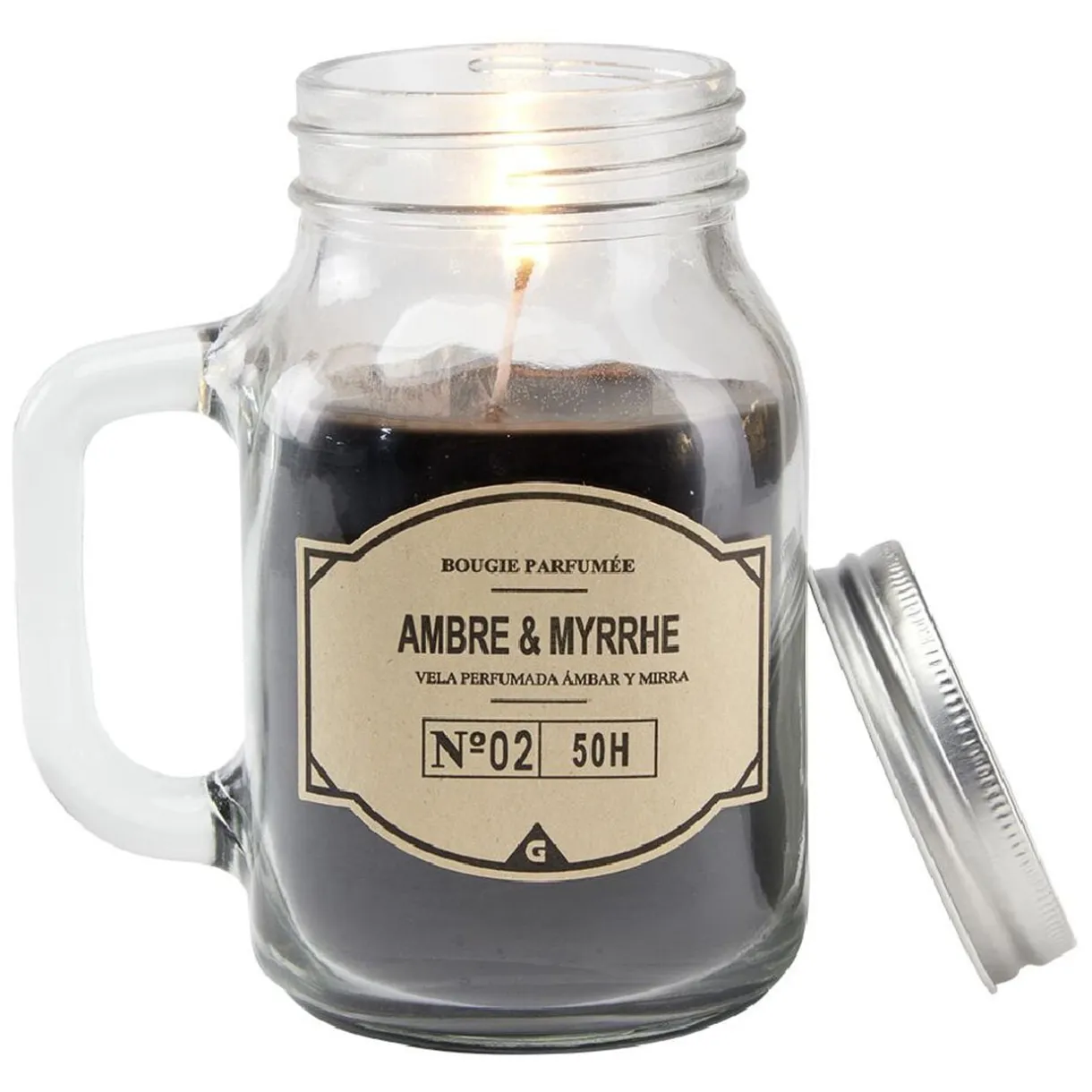 Bougie noire dans mug en verre avec couvercle - Senteur myrrhe ambre < Gifi