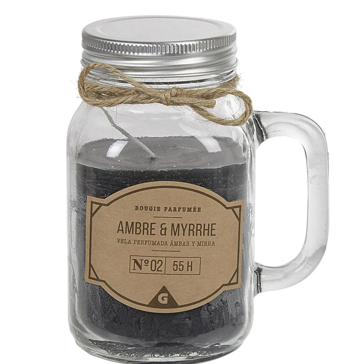 Bougie noire dans mug en verre avec couvercle senteur myrrhe ambre