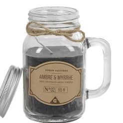 Bougie noire dans mug en verre avec couvercle senteur myrrhe ambre