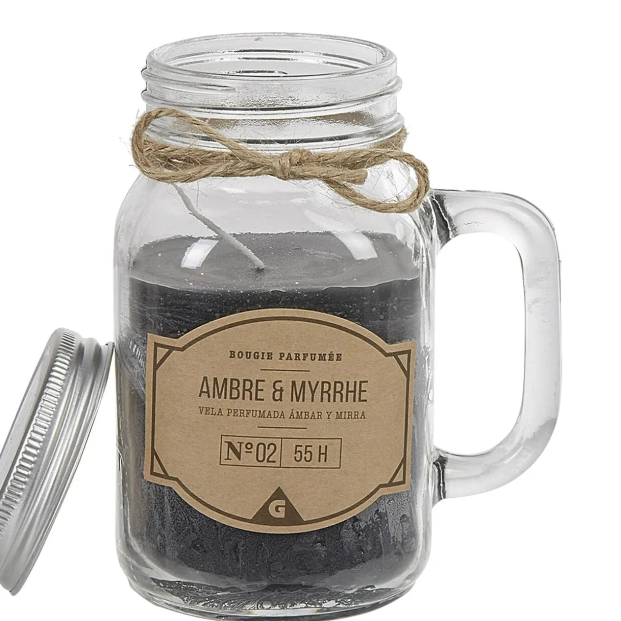 Bougie noire dans mug en verre avec couvercle senteur myrrhe ambre