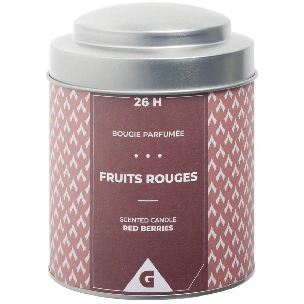 Bougie parfumée dans pot métal gris et rouge senteur fruits rouges 26H
