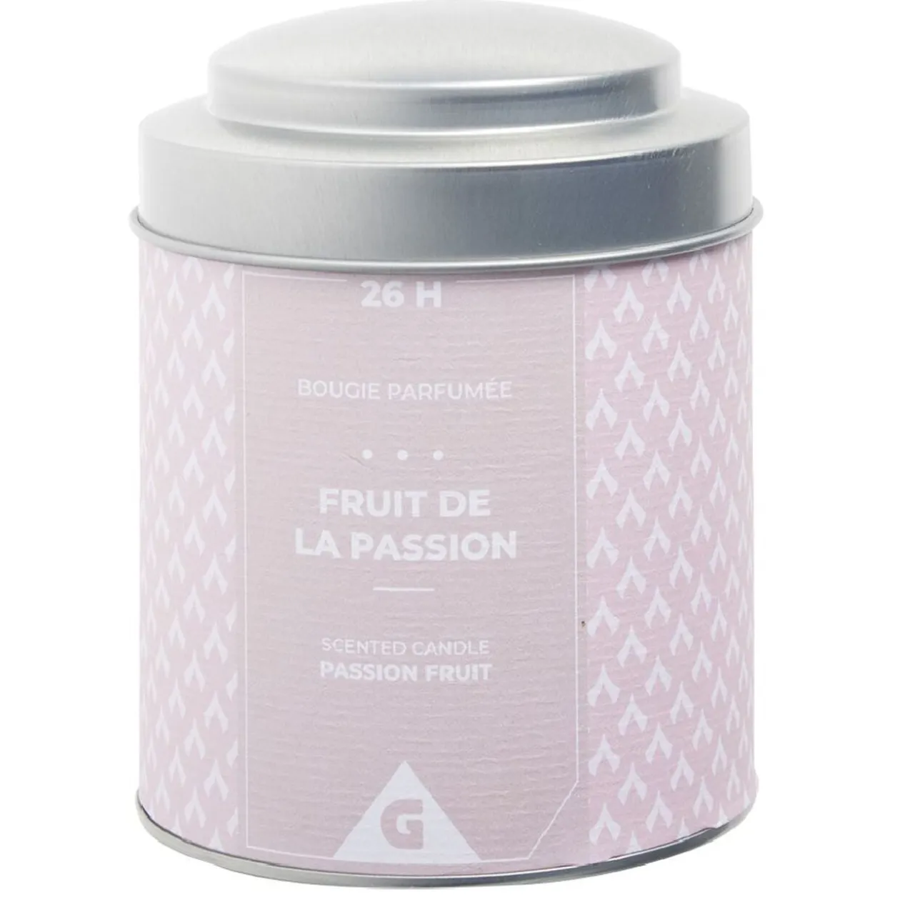 Bougie parfumée pot métal gris et rose senteur fruit de la passion 26H