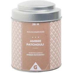 Bougie parfumée pot métal gris et moutarde senteur ambre patchouli 26H