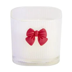 Bougie pot en verre strié avec noeud décoratif 7x7xH6,5cm (2 modèles blanc ou rose)