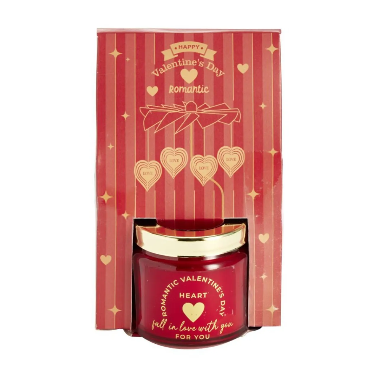 Bougie Saint Valentin dans verre rouge couvercle doré Ø6xH6cm