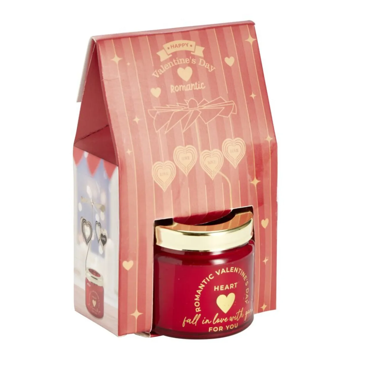 Bougie Saint Valentin dans verre rouge couvercle doré Ø6xH6cm
