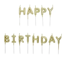 Bougies anniversaire lettres Happy Birthday dorées H7cm