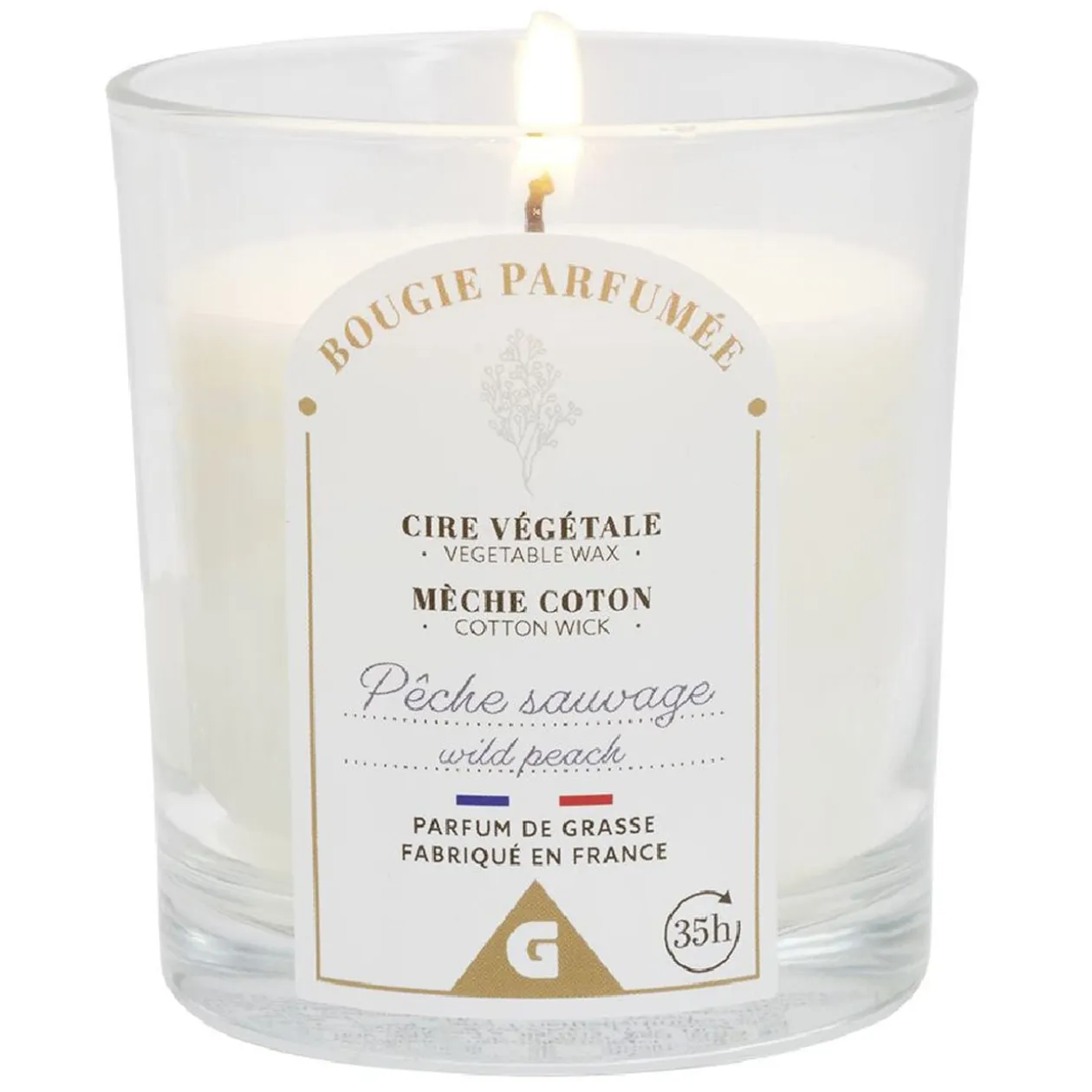 Bougie violette dans verre senteur pêche Ø7xH8cm