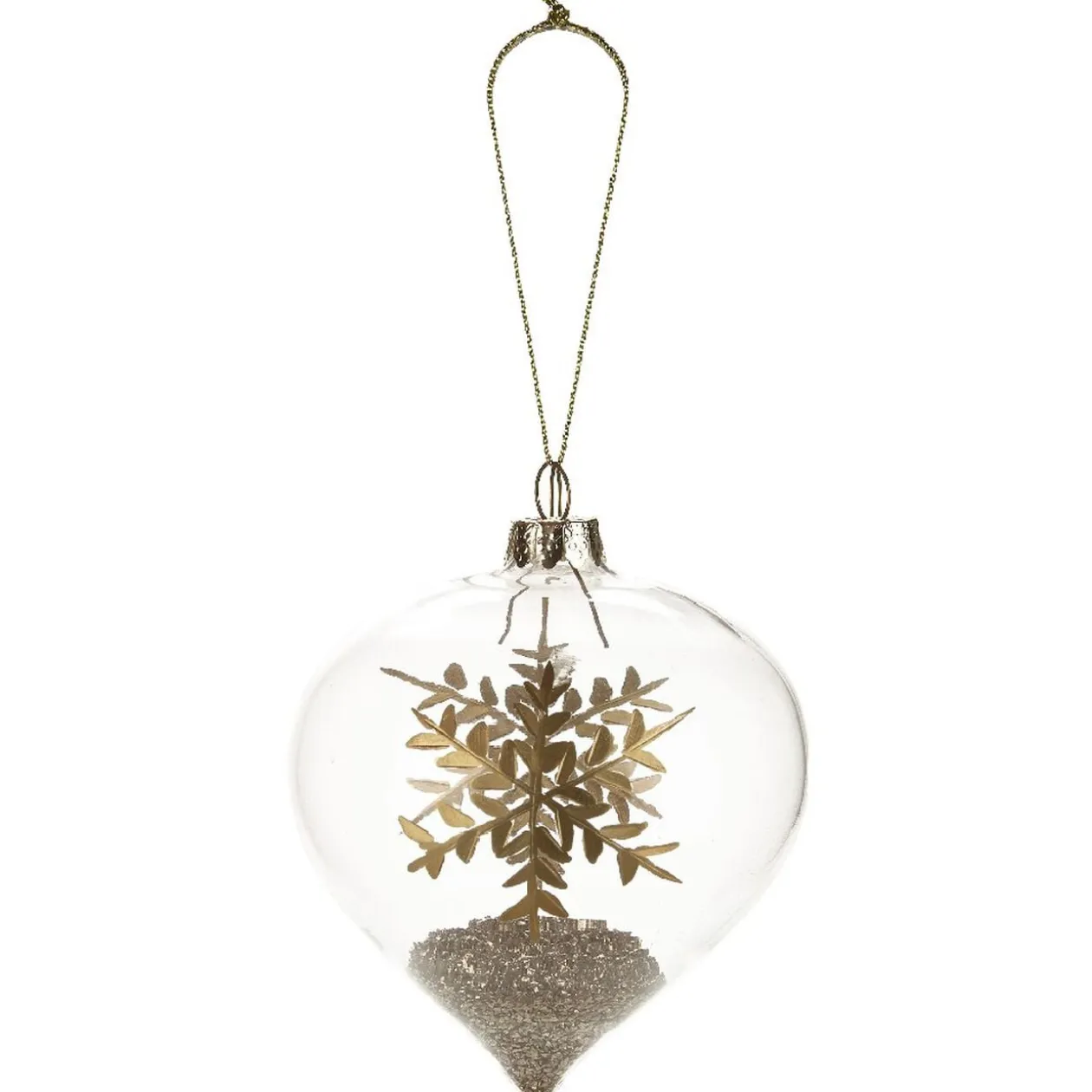 Boule de Noël en verre forme goutte déco flocon et paillette doré
