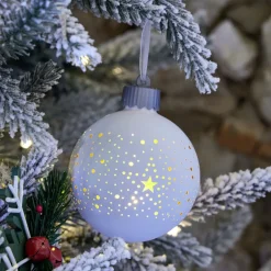 Boule de Noël lumineuse motif ajouré verre blanc 1LED Ø8cm
