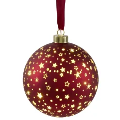 Boule de Noël lumineuse à suspendre 15 LED verre rouge doré Ø14cm