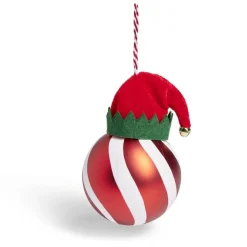 Boule de Noël motif spirale et bonnet Père Noël ou lutin Ø8xH11cm