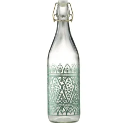 Bouteille en verre à fermeture mécanique motif ethnique vert Ø8xH32cm