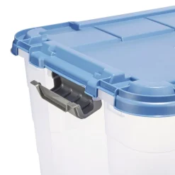 Box de rangement 80L plastique transparent 4 roues couvercle malin bleu 79x39xH36cm