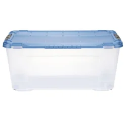 Box de rangement 80L plastique transparent 4 roues couvercle malin bleu 79x39xH36cm