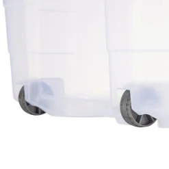 Box de rangement 80L plastique transparent 4 roues couvercle malin bleu 79x39xH36cm
