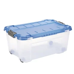 Box de rangement 40L plastique transparent 4 roues couvercle malin bleu 59x39xH27cm < Gifi Online