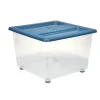 Box de rangement 30L x3 plastique transprent avec roulettes et couvercle gris et bleu