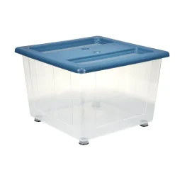 Box de rangement 30L x3 plastique transprent avec roulettes et couvercle gris et bleu