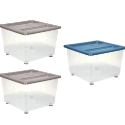 Box de rangement 30L x3 plastique transprent avec roulettes et couvercle gris et bleu