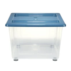 Box de rangement 30L x3 plastique transprent avec roulettes et couvercle gris et bleu