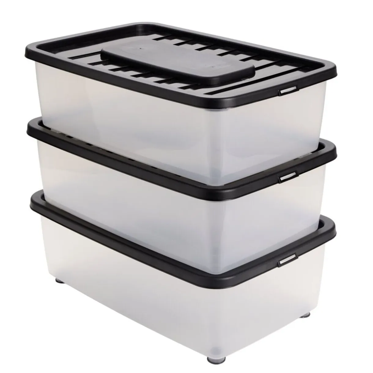 Box dessous de lit 25L x3 plastique transparent couvercle noir 56x37xH18cm < Gifi Sale