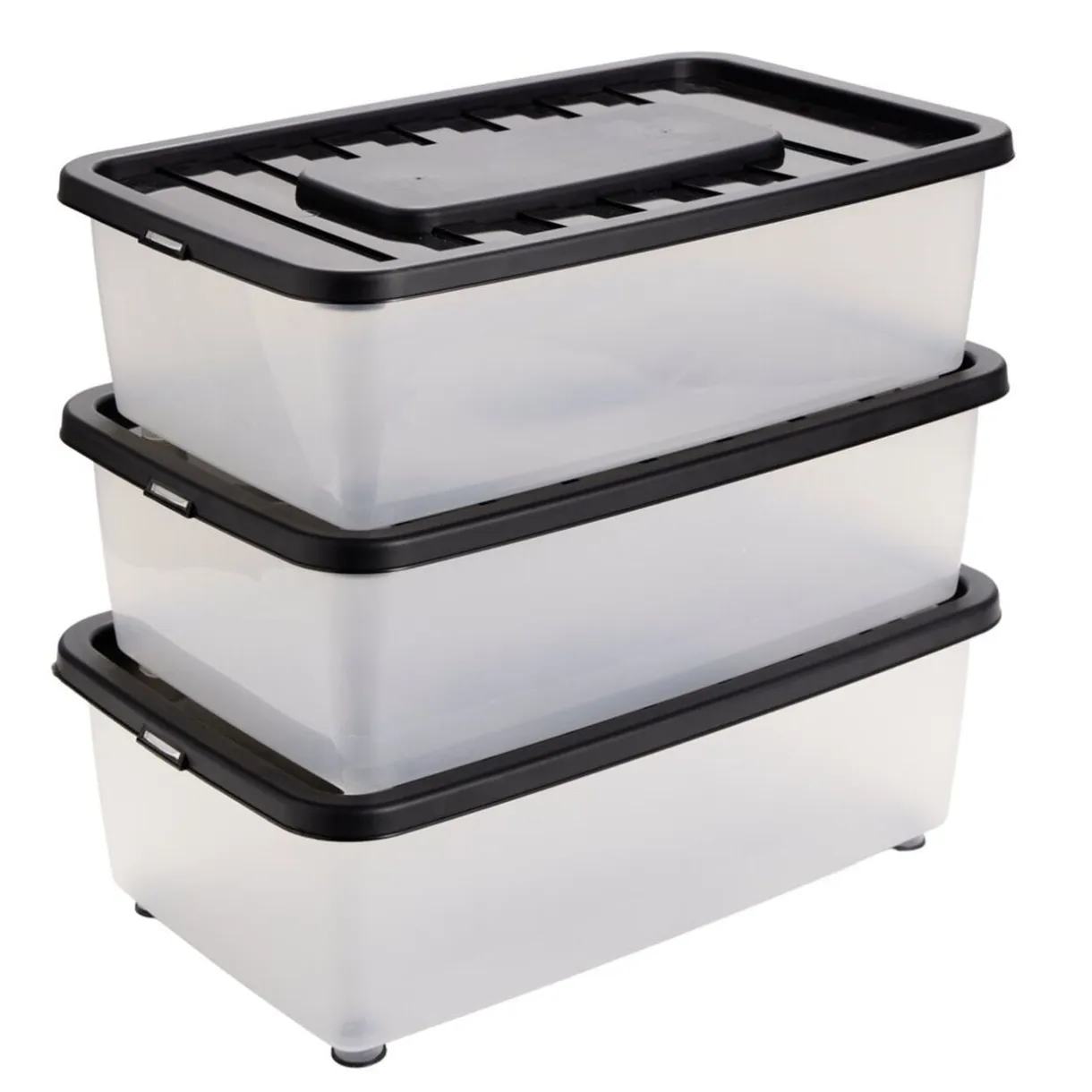 Box dessous de lit 25L x3 plastique transparent couvercle noir 56x37xH18cm < Gifi Sale