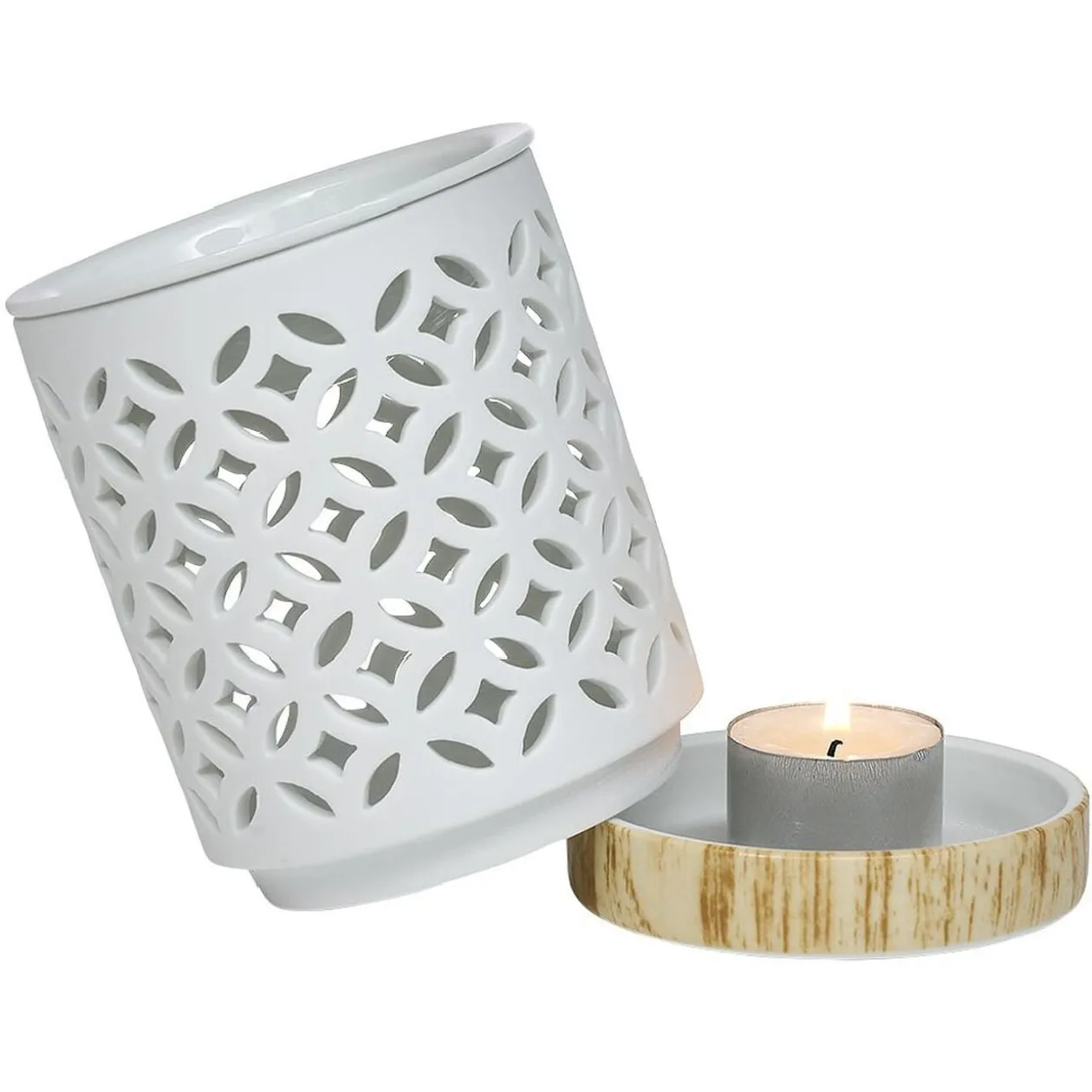 Brûle parfum Mességué céramique socle bois blanc et marron