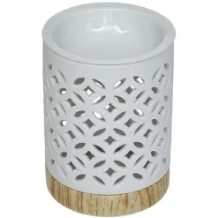 Brûle parfum Mességué céramique socle bois blanc et marron
