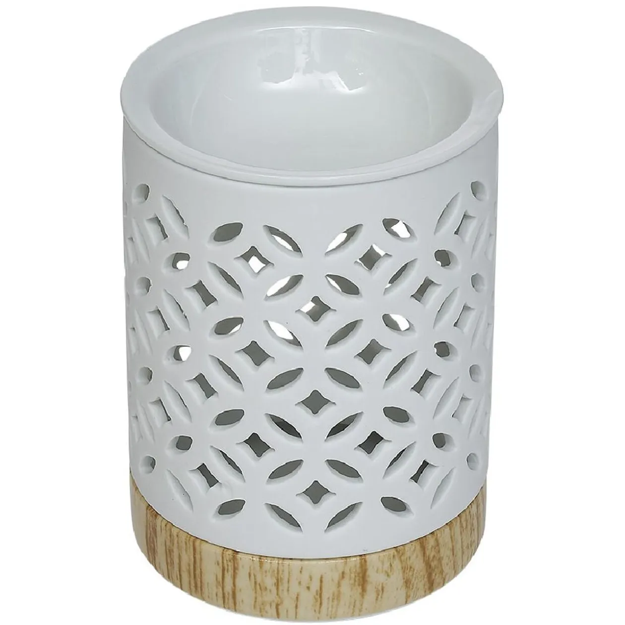 Brûle parfum Mességué céramique socle bois blanc et marron
