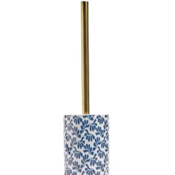 Brosse WC manche doré socle grès motif floral bleu et blanc Ø9,2xH36cm