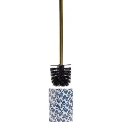 Brosse WC manche doré socle grès motif floral bleu et blanc Ø9,2xH36cm