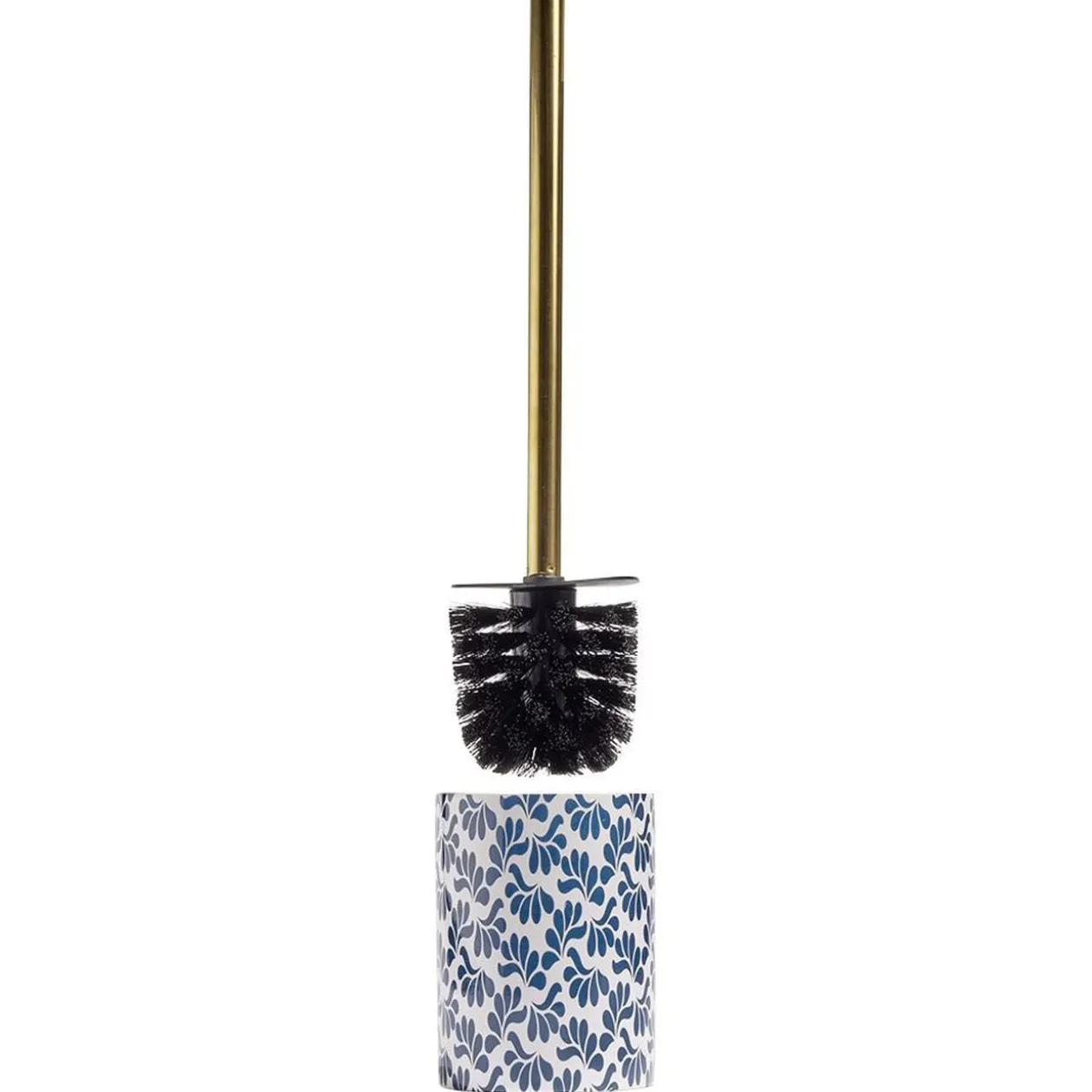 Brosse WC manche doré socle grès motif floral bleu et blanc Ø9,2xH36cm