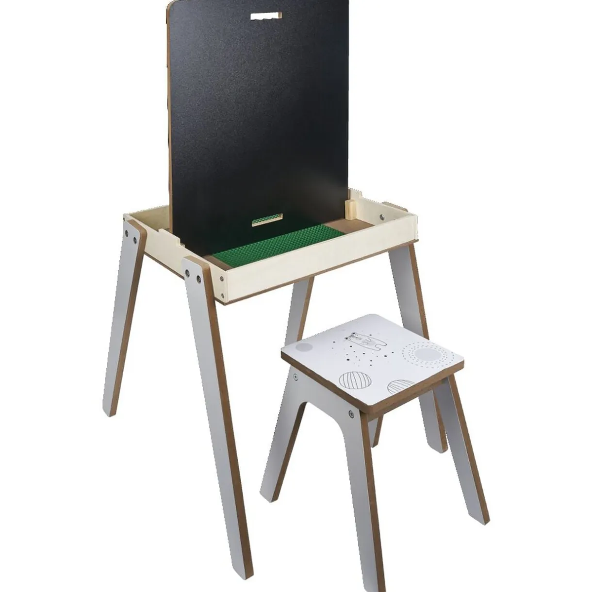 Bureau enfant modulable 3en1 tableau noir bois blanc et tabouret < Gifi New