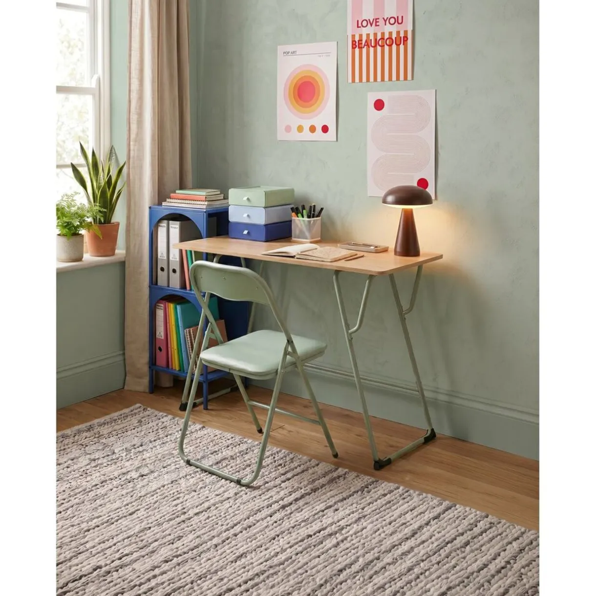 Bureau rectangulaire Moderna plateau bois et chaise métal vert 120x48xH75cm < Gifi Outlet