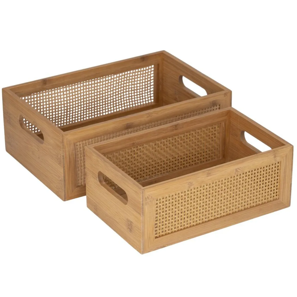 Caisse rangement cuisine x2 bois et bambou 2 faces effet rotin tressé 2 tailles