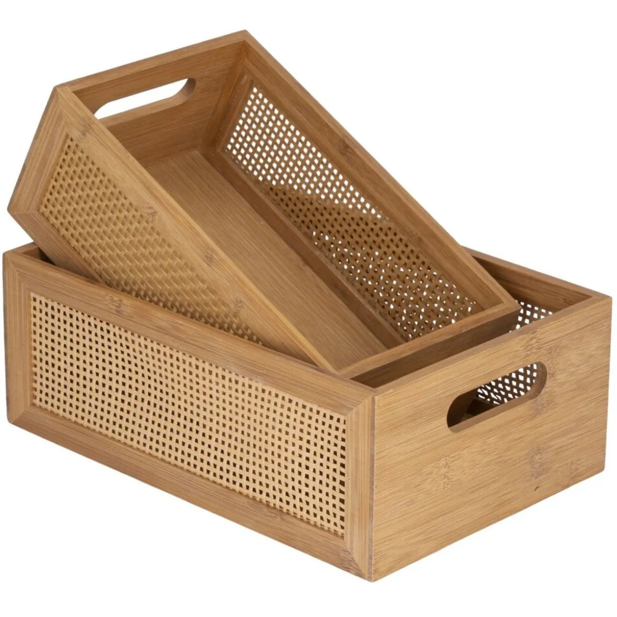 Caisse rangement cuisine x2 bois et bambou 2 faces effet rotin tressé 2 tailles