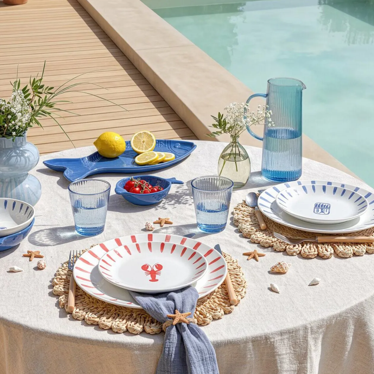 Carafe en verre nervurée bleue 14x10xH24cm