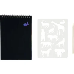 Carnet à gratter noir 8 pages pages + 1 pochoir + bâtonnet bois